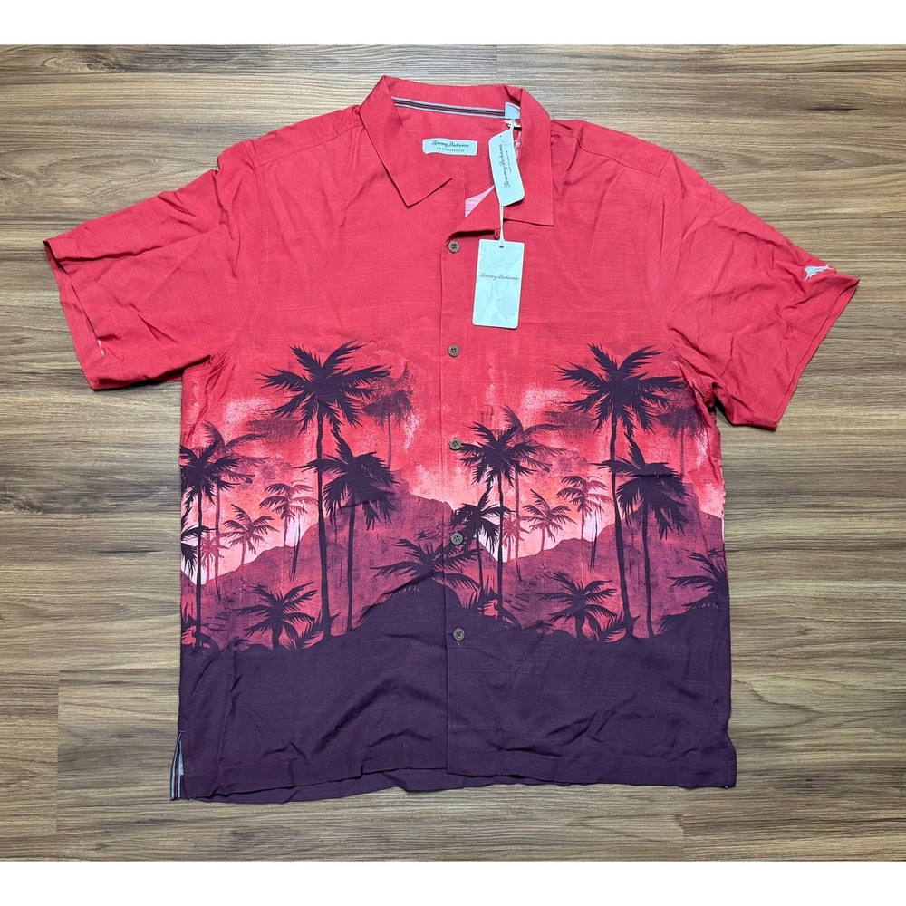 Tommy Bahama Palm Flurry Camp Shirt Red Veracruz Cay Sunset Loop Collar Sz XL